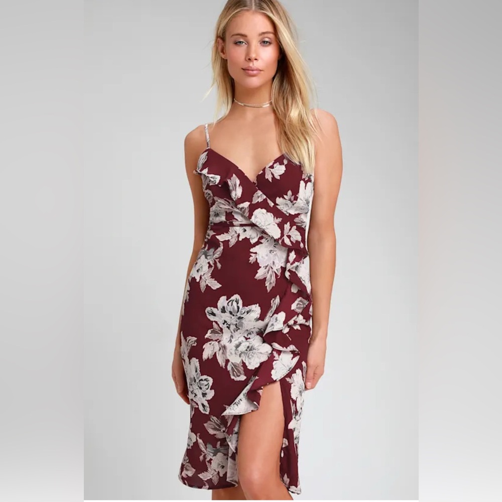 Lulus Essential Mood Burgundy Floral Print Ruffled Midi Dress